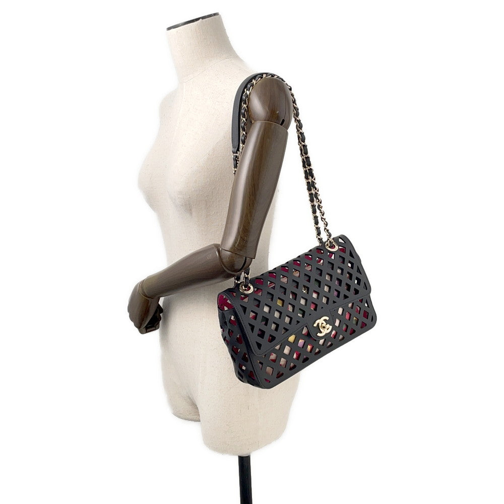 CHANEL Punching Chain Shoulder Bag Black/PinkAS2376 Calf Leather Size 25