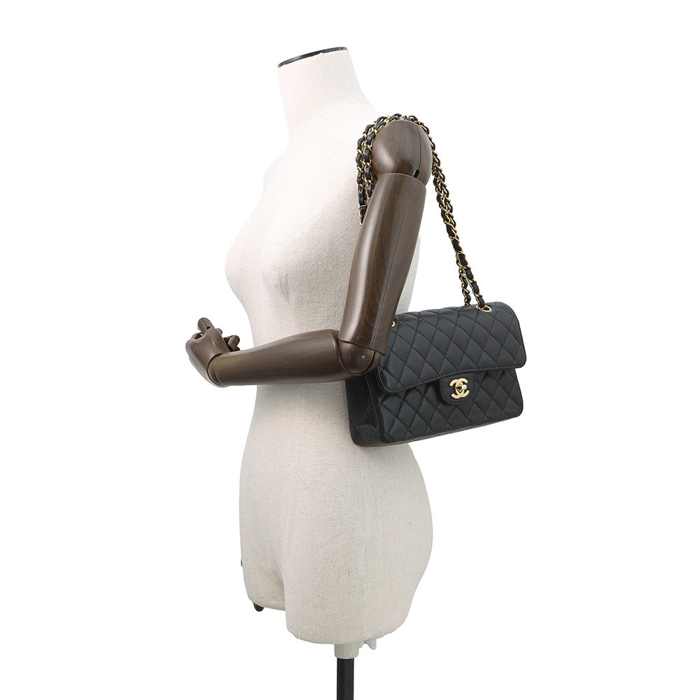 CHANEL Matelasse Double Flap Chain Shoulder Bag BlackA01113 Caviar Leather Size 23