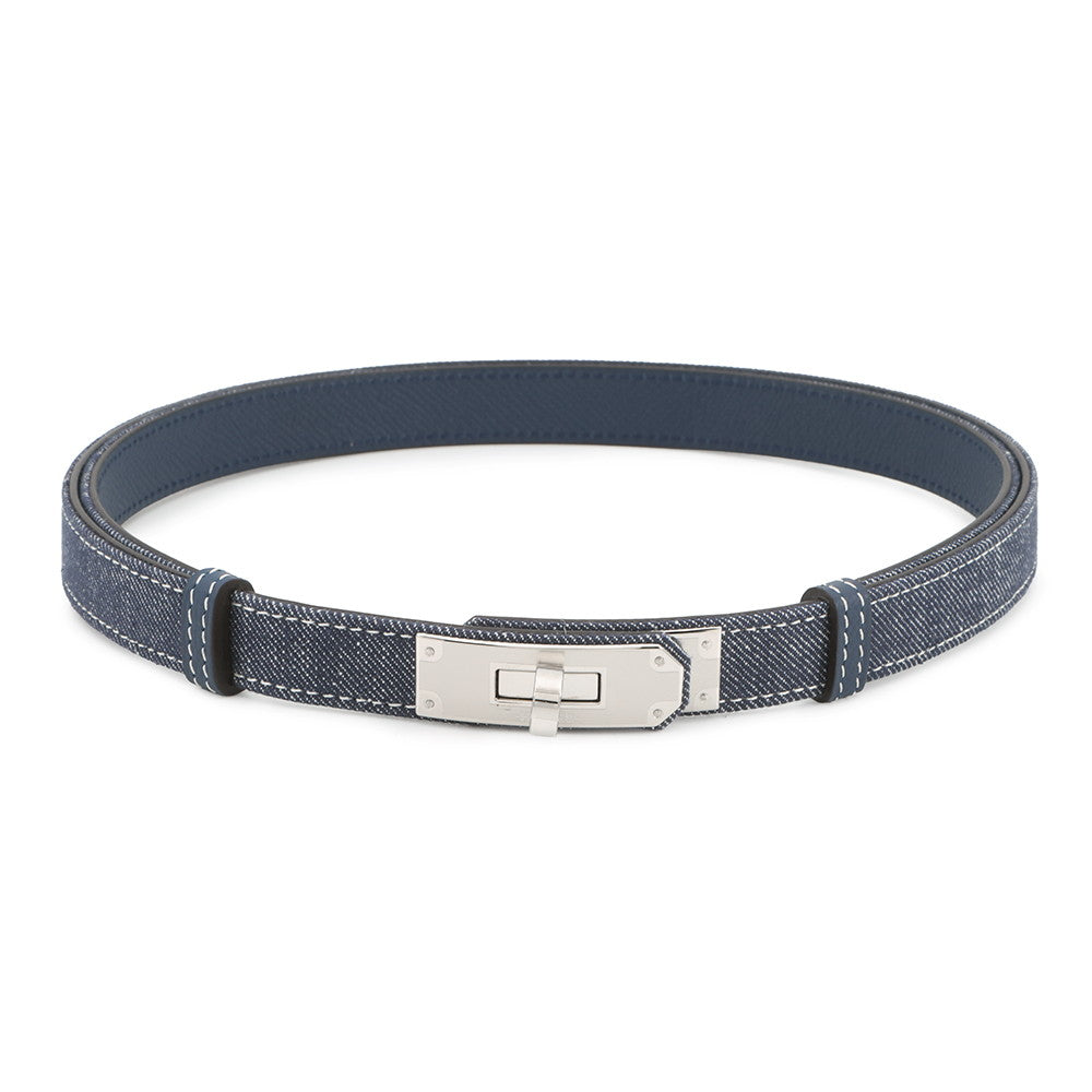 HERMES Belt Kelly Jean Blue Indigo/White/Blue Navy Denim Epsom Size 18