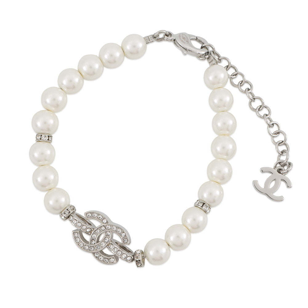 CHANEL CC Logo Bracelet SilverABF724 Metal Rhinestone Faux Pearl
