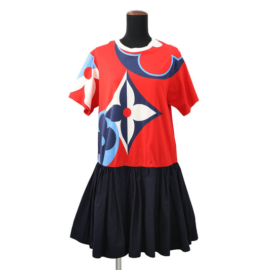 LOUIS VUITTON Game On Asymmetrical Baby Doll Dress Size S Red/Navy/Multicolor Cotton Nylon Polyurethane