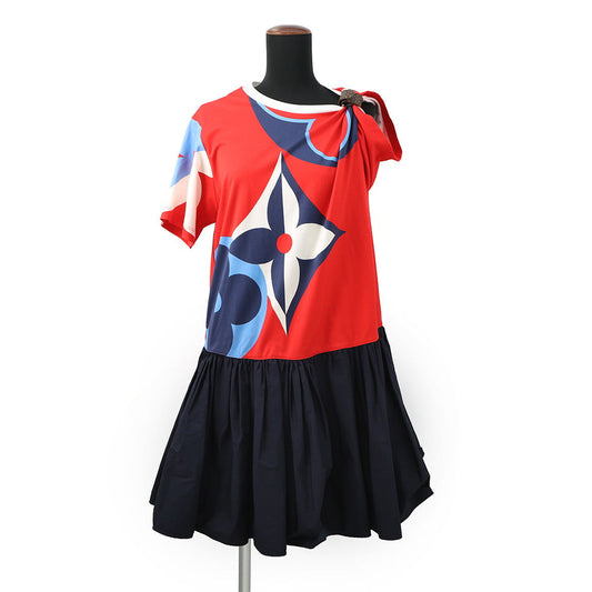 LOUIS VUITTON Game On Asymmetrical Baby Doll Dress Size S Red/Navy/Multicolor Cotton Nylon Polyurethane