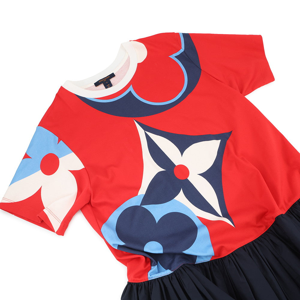 LOUIS VUITTON Game On Asymmetrical Baby Doll Dress Size S Red/Navy/Multicolor Cotton Nylon Polyurethane