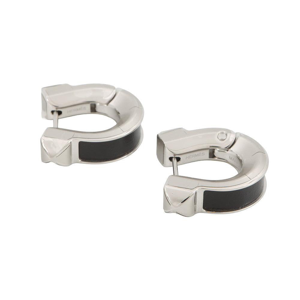 HERMES Earrings 《Joquette》 Size PM Black Box Calf Leather Metal