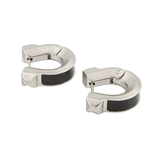 HERMES Earrings 《Joquette》 Size PM Black Box Calf Leather Metal