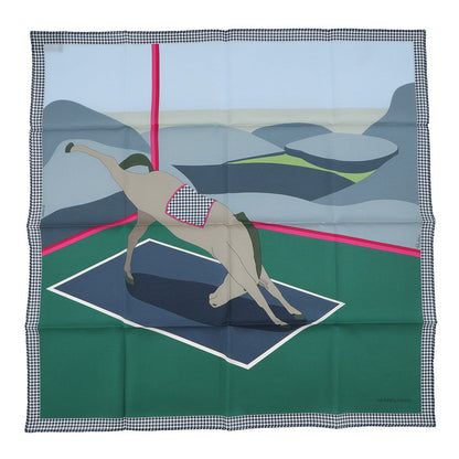 HERMES Carre "Cheval Tête en Bas" Size 65 Vert・Emerald / Blue・Horizon / Blue・Glacier Cotton51% Silk49%