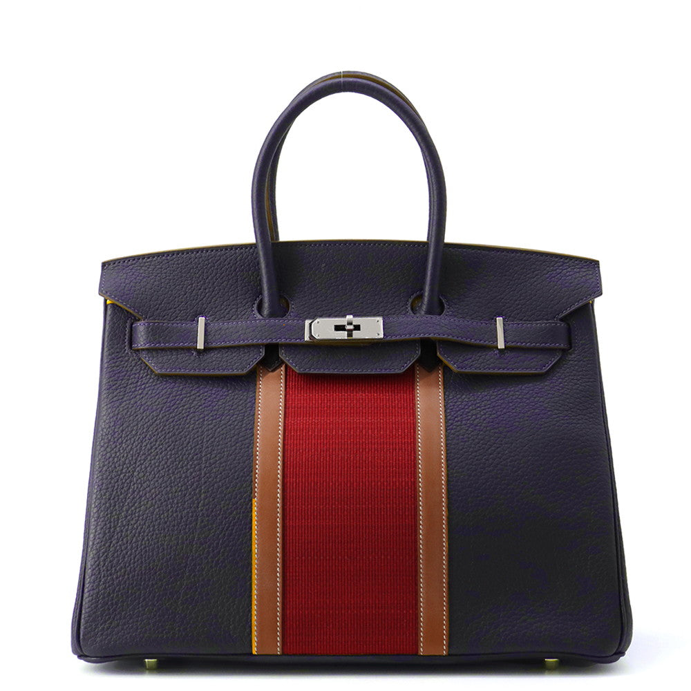 HERMES Birkin Club Blue Indigo/Rouge Casaque/Fauve Fjord Leather Barenia Leather Ottoman Size 35
