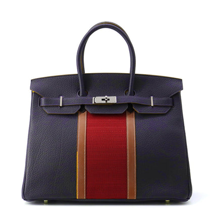 HERMES Birkin Club Blue Indigo/Rouge Casaque/Fauve Fjord Leather Barenia Leather Ottoman Size 35