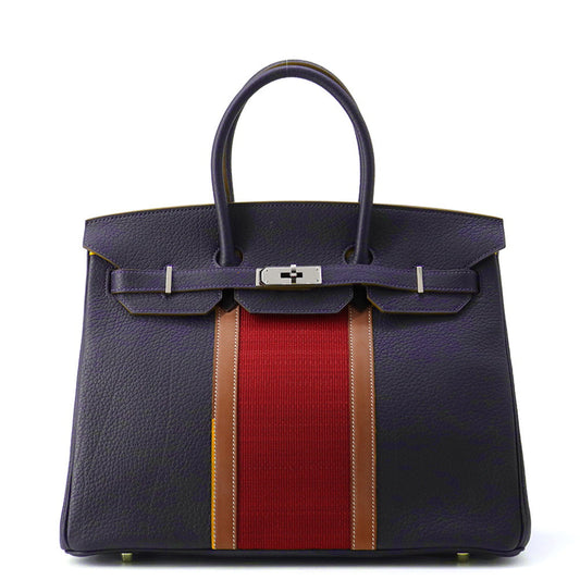 HERMES Birkin Club Blue Indigo/Rouge Casaque/Fauve Fjord Leather Barenia Leather Ottoman Size 35