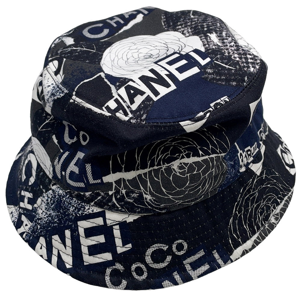 CHANEL Camellia bucket hat Size M Black/White Cotton 100%