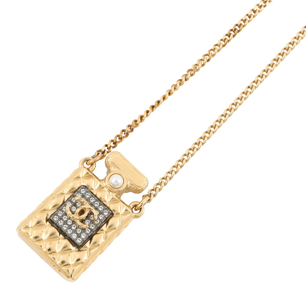 CHANEL CC Logo Perfume Bottle Motif NecklaceAB4392 Gold Plated Rhinestone Faux Pearl