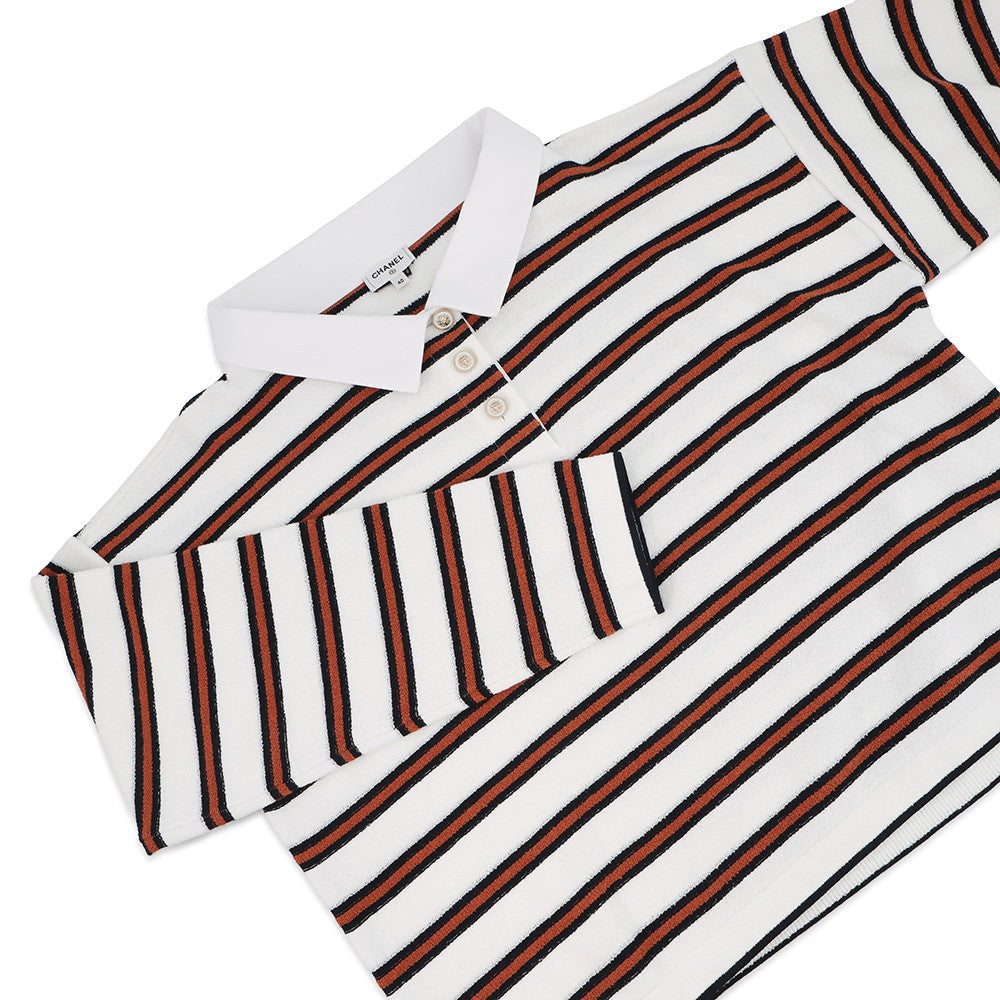 CHANEL pullover polo shirt Size 40 White/Navy/BrownP81087 Cotton 87% Viscose 8% Polyamide 4% Polyurethane 1%