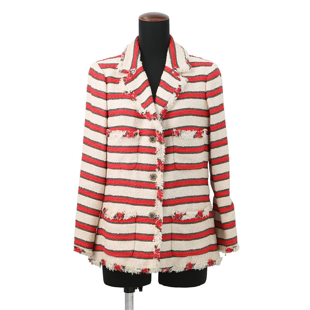 CHANEL Striped Tweed Jacket Size 42 Ivory/Red/BrownP33189 Cotton 38% Silk 38% Polyamide 17% Wool 4% Rayon2% Metal 1%