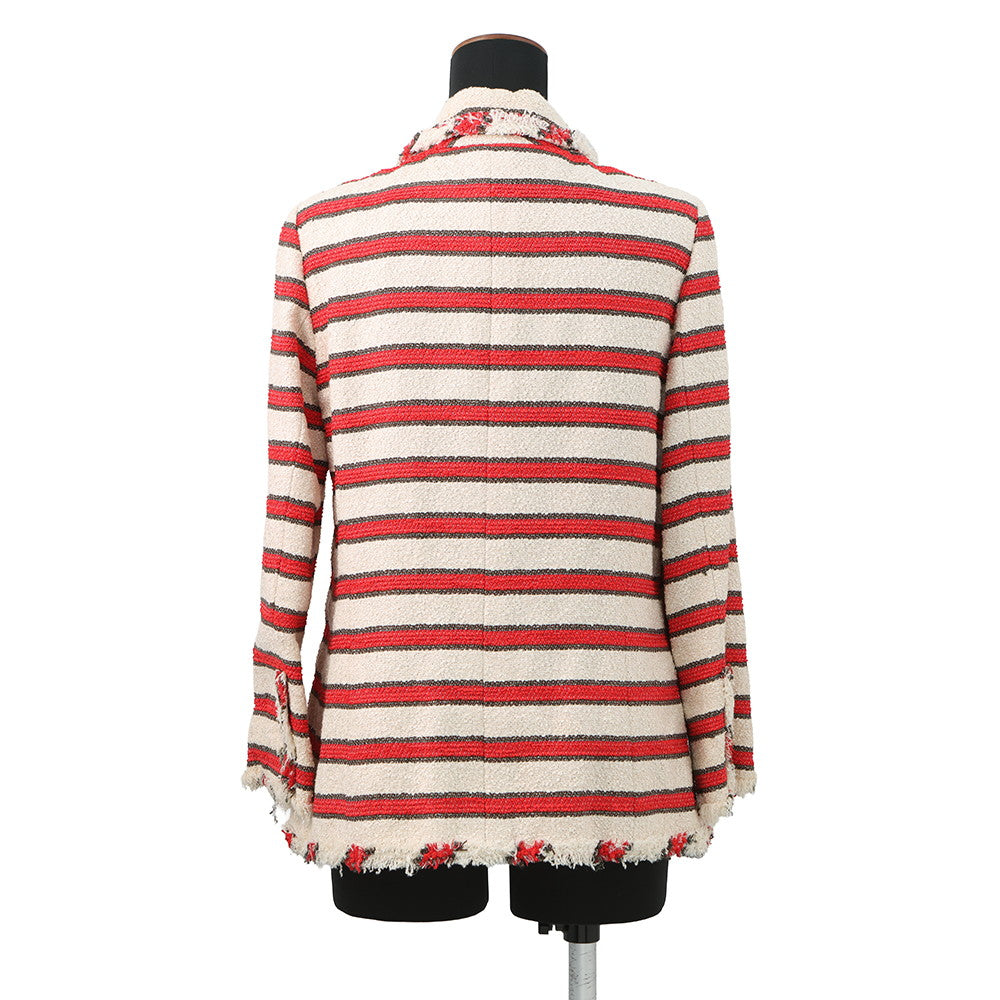 CHANEL Striped Tweed Jacket Size 42 Ivory/Red/BrownP33189 Cotton 38% Silk 38% Polyamide 17% Wool 4% Rayon2% Metal 1%