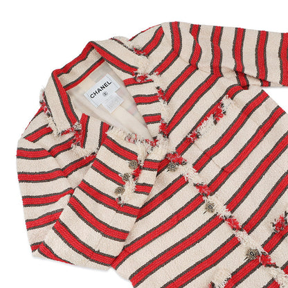 CHANEL Striped Tweed Jacket Size 42 Ivory/Red/BrownP33189 Cotton 38% Silk 38% Polyamide 17% Wool 4% Rayon2% Metal 1%