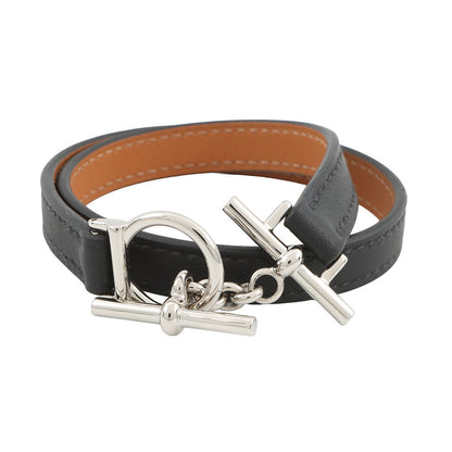 HERMES Leather Bracelet "Croisière" Double Tour Size T3 Black Swift Leather