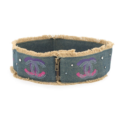 CHANEL CC Logo denim belt Blue Cotton Rhinestone