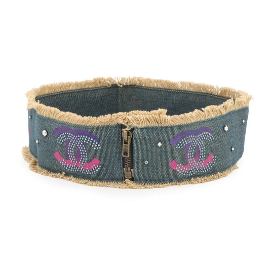 CHANEL CC Logo denim belt Blue Cotton Rhinestone