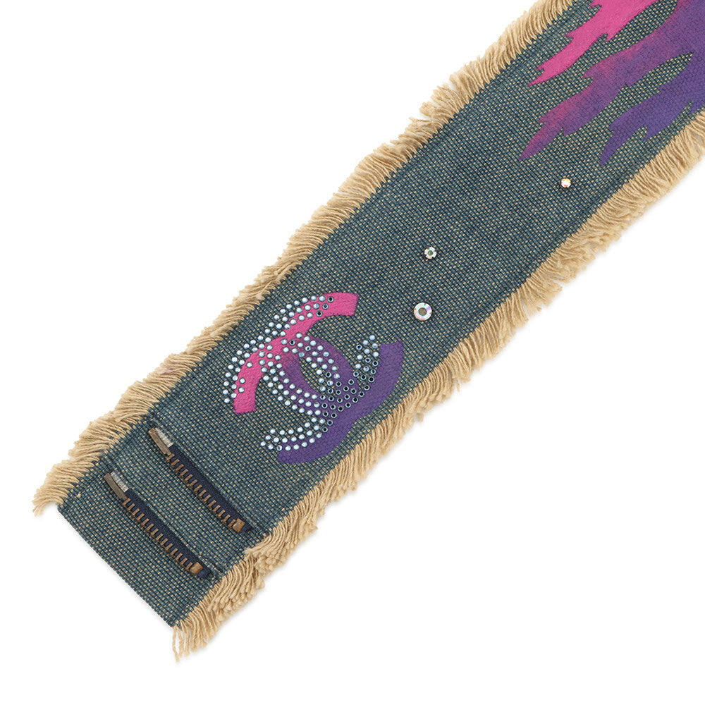 CHANEL CC Logo denim belt Blue Cotton Rhinestone