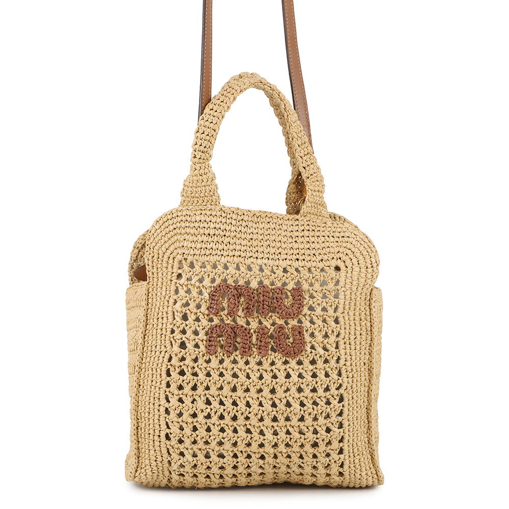 MIUMIU Crochet Fabric Tote Natural/Cognac5BA283 Raffia Leather