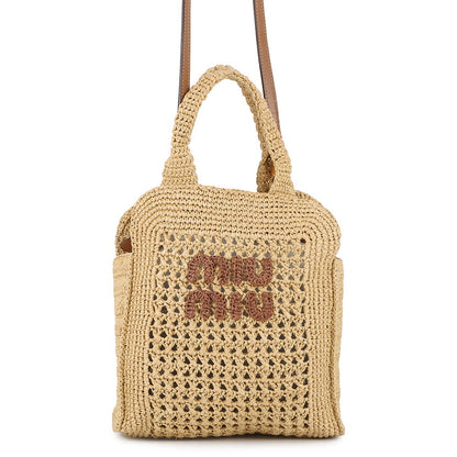MIUMIU Crochet Fabric Tote Natural/Cognac5BA283 Raffia Leather