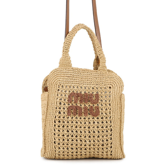 MIUMIU Crochet Fabric Tote Natural/Cognac5BA283 Raffia Leather