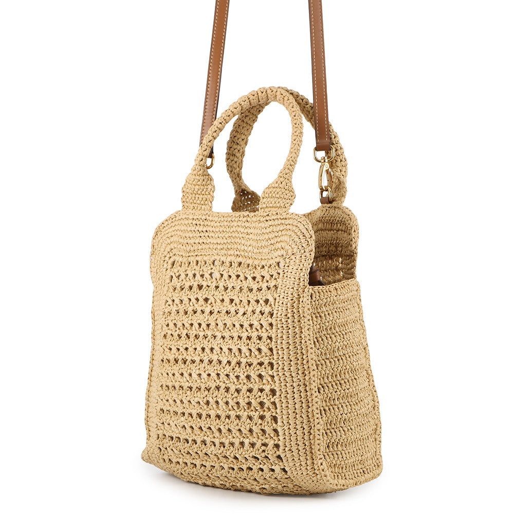 MIUMIU Crochet Fabric Tote Natural/Cognac5BA283 Raffia Leather