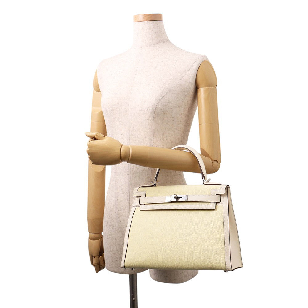 HERMES Kelly Sellier Nata / Jaune Citron Toile H Swift Leather Size 28
