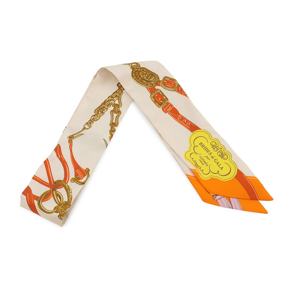 HERMES Twilly Brides de Gala Applique Pique Cream/Orange/Jaune Silk100%