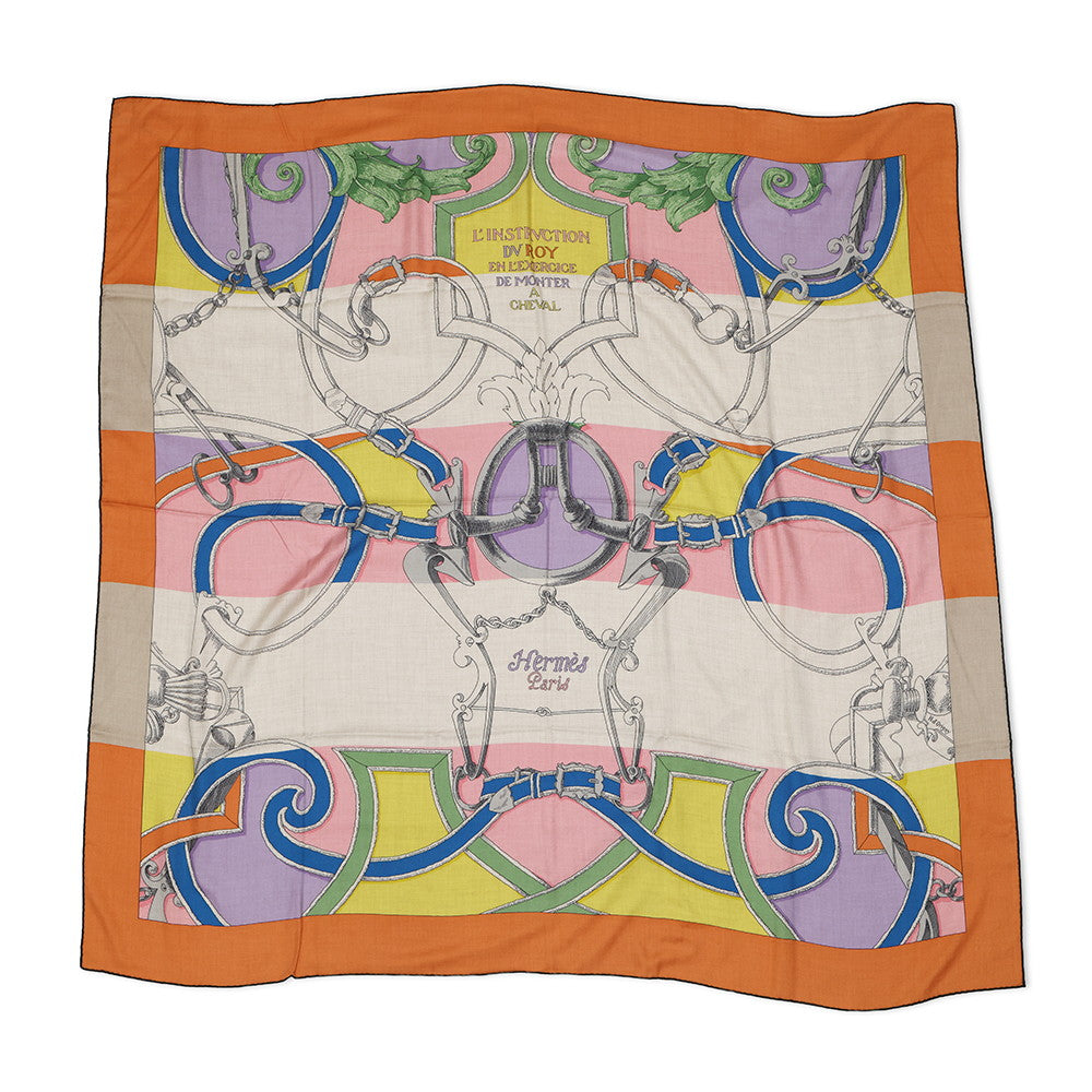 HERMES Carre Jean L'INSTRUCTION DUROY Imperial Studies Size 140 Abricot/Rose/Vert Cashmere70% Silk30%