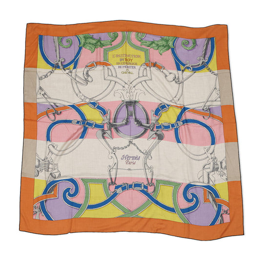 HERMES Carre Jean L'INSTRUCTION DUROY Imperial Studies Size 140 Abricot/Rose/Vert Cashmere70% Silk30%