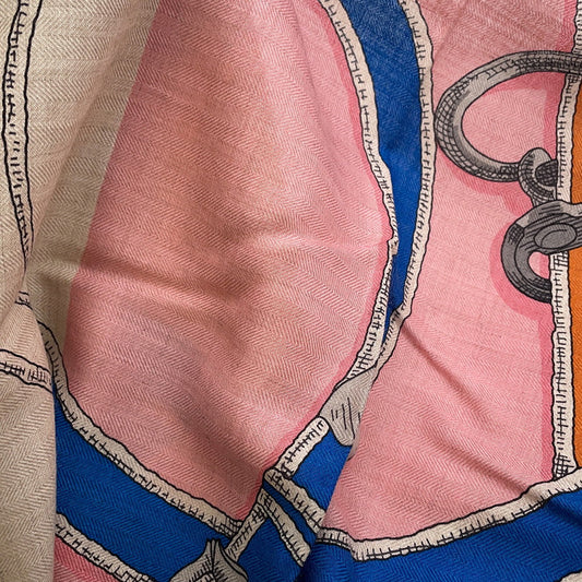 HERMES Carre Jean L'INSTRUCTION DUROY Imperial Studies Size 140 Abricot/Rose/Vert Cashmere70% Silk30%