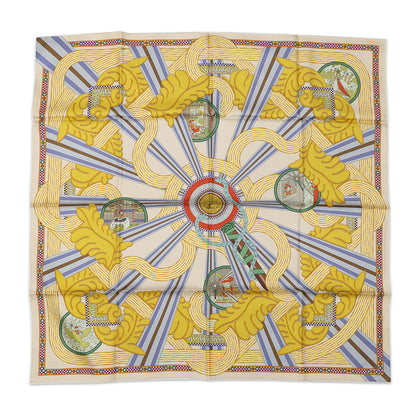 HERMES Carre Double Face A la Lumiere du Flambeau Double face Torchlight Size 90 Cream/Moldore/Blue Lavand Silk100%
