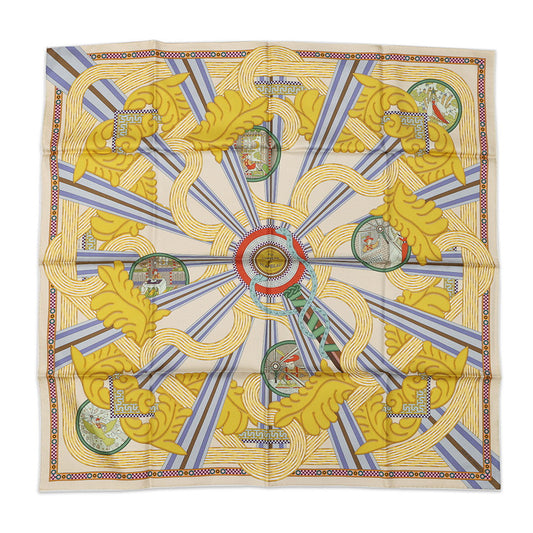 HERMES Carre Double Face A la Lumiere du Flambeau Double face Torchlight Size 90 Cream/Moldore/Blue Lavand Silk100%