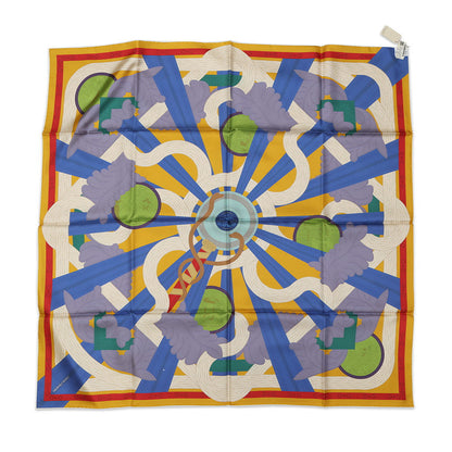 HERMES Carre Double Face A la Lumiere du Flambeau Double face Torchlight Size 90 Cream/Moldore/Blue Lavand Silk100%