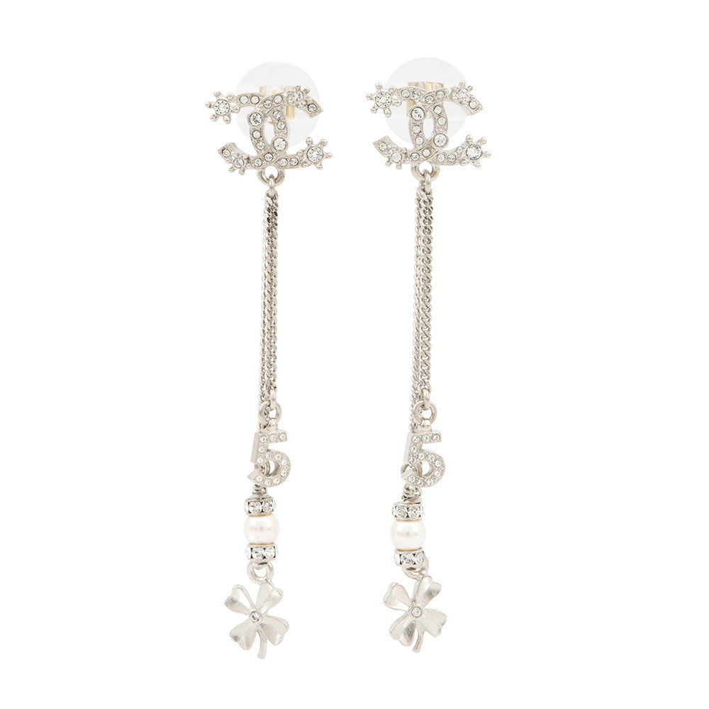 CHANEL CC Logo NO5 Faux Pearl Clover Earrings Silver Metal Rhinestone Faux Pearl