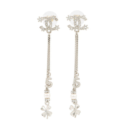 CHANEL CC Logo NO5 Faux Pearl Clover Earrings Silver Metal Rhinestone Faux Pearl