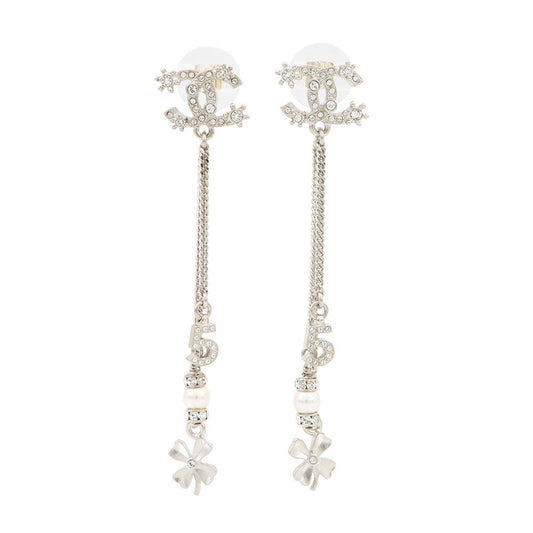 CHANEL CC Logo NO5 Faux Pearl Clover Earrings Silver Metal Rhinestone Faux Pearl