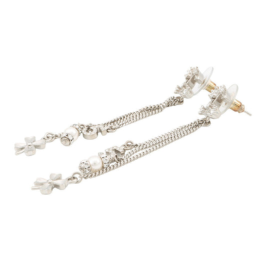 CHANEL CC Logo NO5 Faux Pearl Clover Earrings Silver Metal Rhinestone Faux Pearl