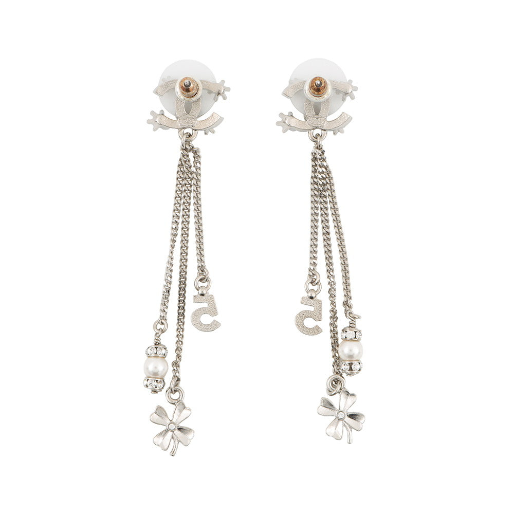 CHANEL CC Logo NO5 Faux Pearl Clover Earrings Silver Metal Rhinestone Faux Pearl