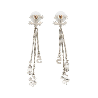 CHANEL CC Logo NO5 Faux Pearl Clover Earrings Silver Metal Rhinestone Faux Pearl
