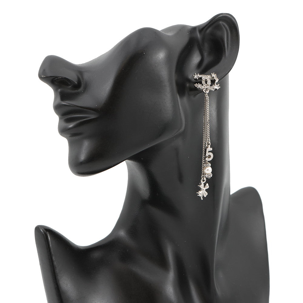 CHANEL CC Logo NO5 Faux Pearl Clover Earrings Silver Metal Rhinestone Faux Pearl