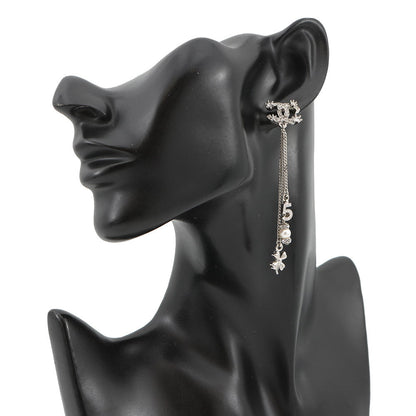 CHANEL CC Logo NO5 Faux Pearl Clover Earrings Silver Metal Rhinestone Faux Pearl
