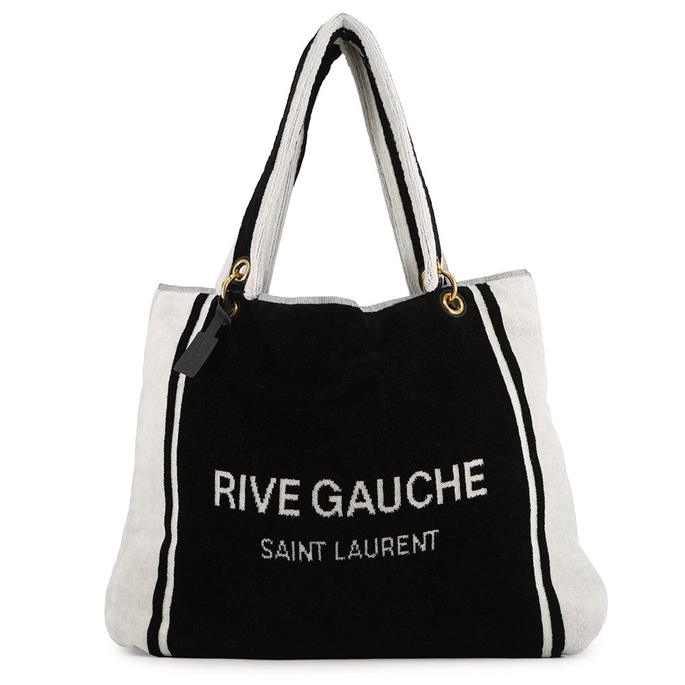 SAINT LAURENT PARIS Rive Gauche Towel Tote Bag White/Black735067 Cotton
