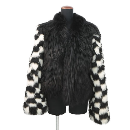 LOUIS VUITTON Damier Fox Intarsia Fur Jacket Size 38 White/Black1A5RDH Fox Raccoon