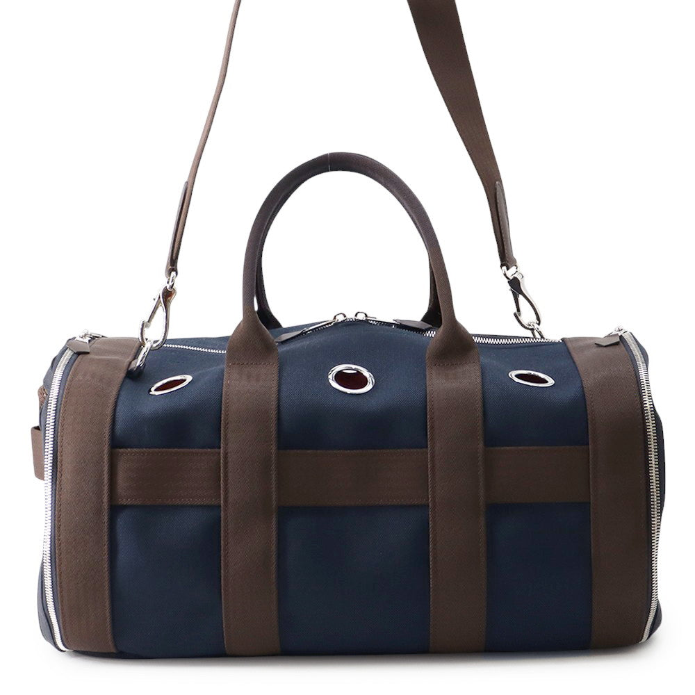 HERMES Dog Carrier 2-Way Shoulder Bag Navy/Brown Canvas