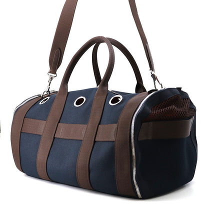 HERMES Dog Carrier 2-Way Shoulder Bag Navy/Brown Canvas