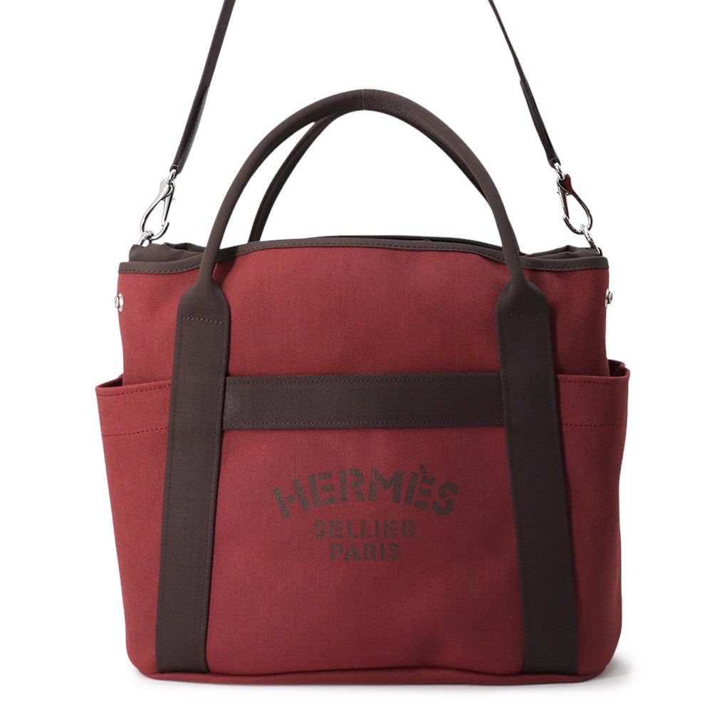 HERMES Sacked Pansage Rouge H/Chocolat Toile Chevrons Canvas