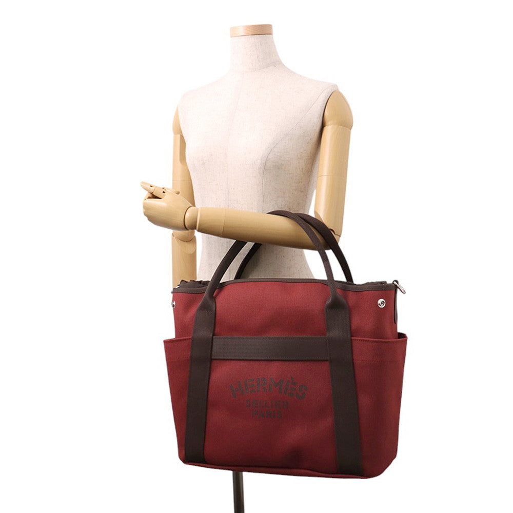 HERMES Sacked Pansage Rouge H/Chocolat Toile Chevrons Canvas