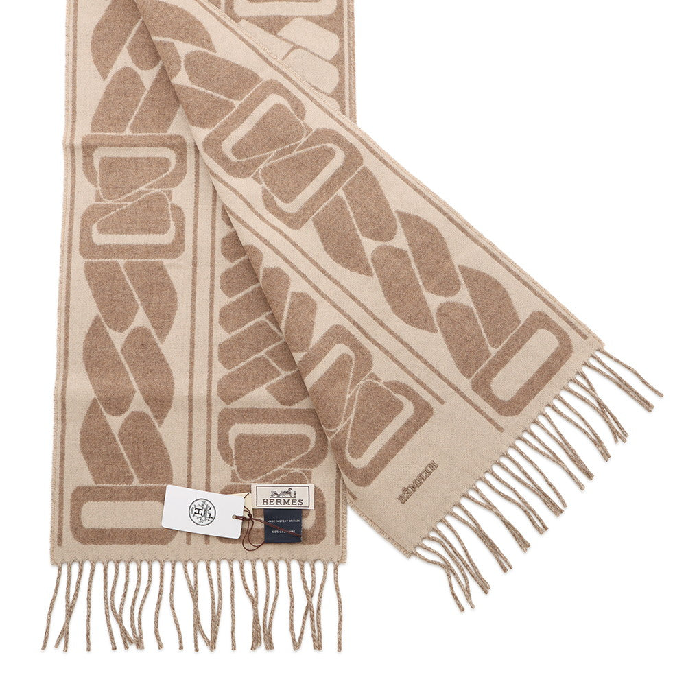 HERMES Cashmere Scarf Clic Se Nue Marron Grasset / Craie Cashmere100%